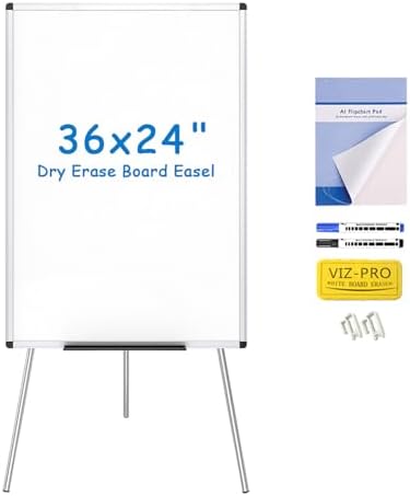 VIZ-PRO Whiteboard Easel, 36 x 24 Inches, Portable Dry Erase Board Height Adjustable With Flipchart Pad